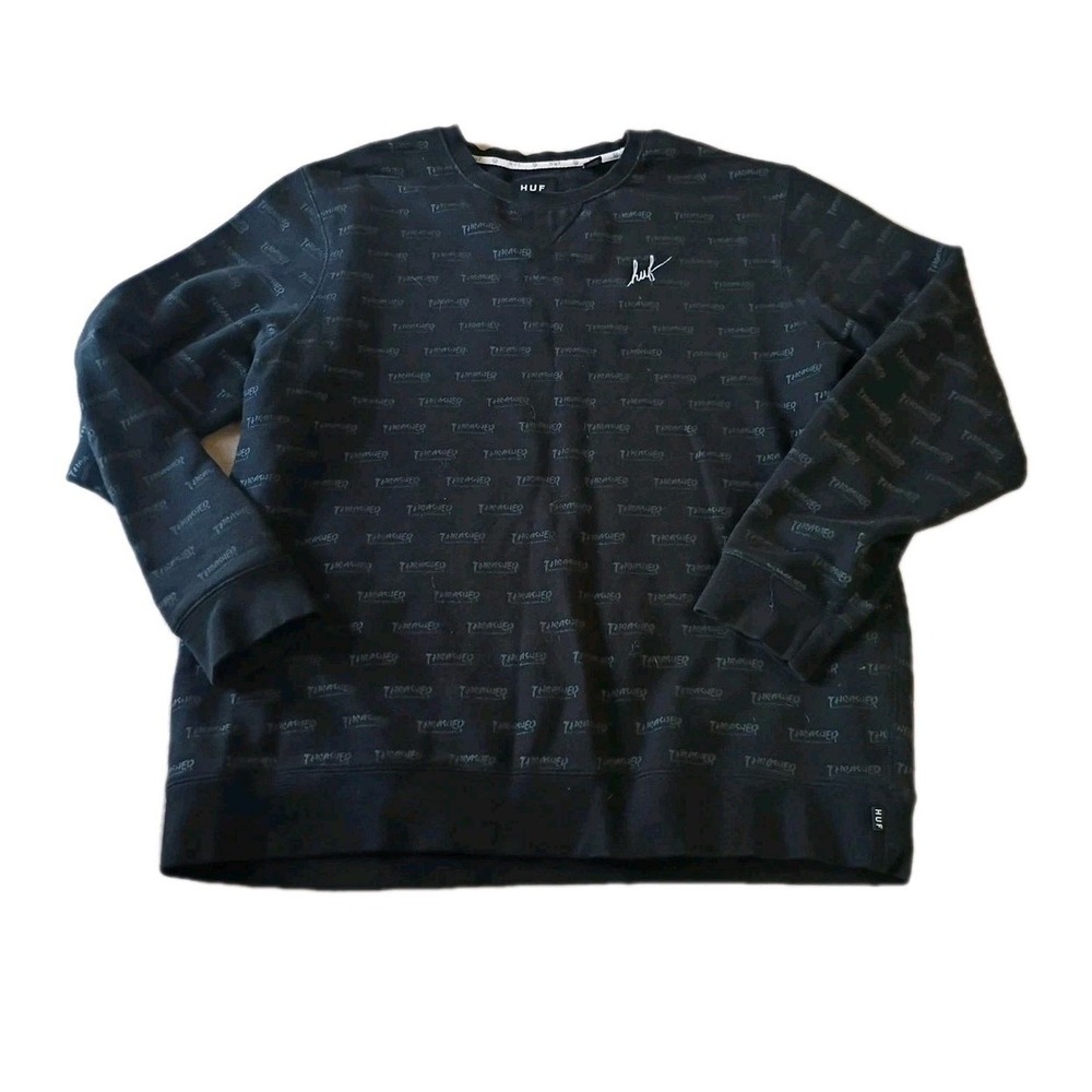 HUF Thrasher Sweatshirt Men's Sz L Black Crewneck All Over Print Embroidered